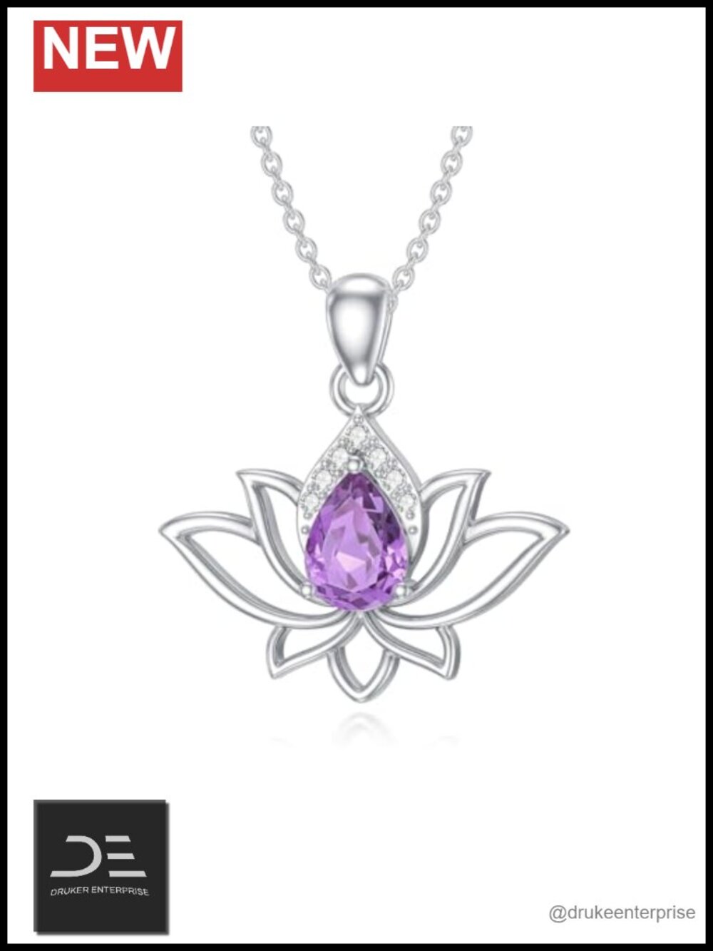 Amethyst Lotus Necklace 925 Sterling Silver Lab-Grown Diamond Pendant Gift